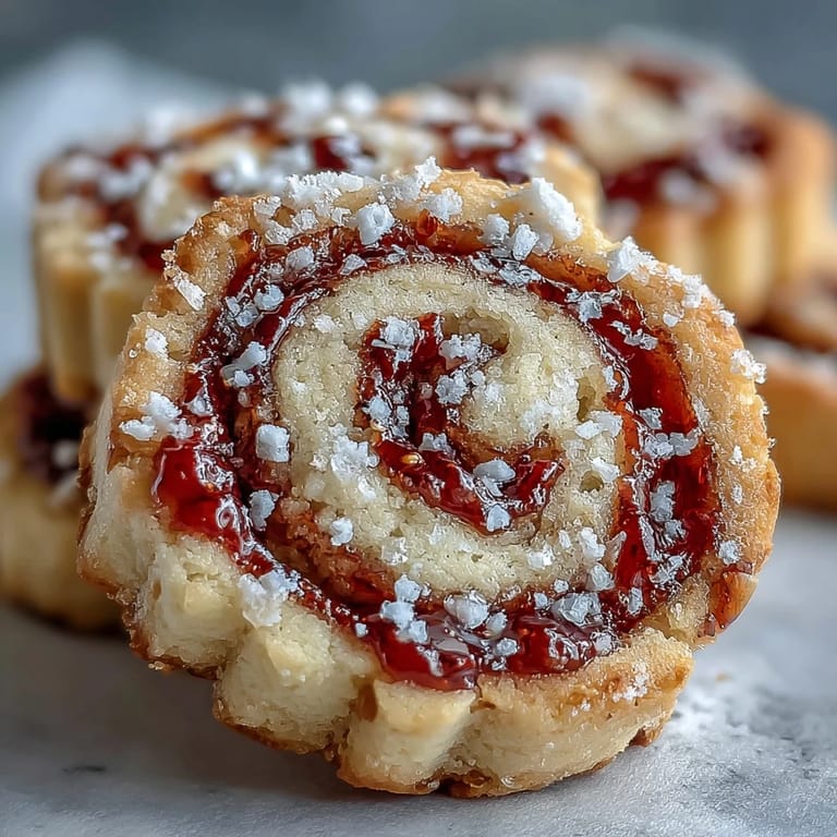 The bright red jam swirl stands out beautifully on each cookie.
