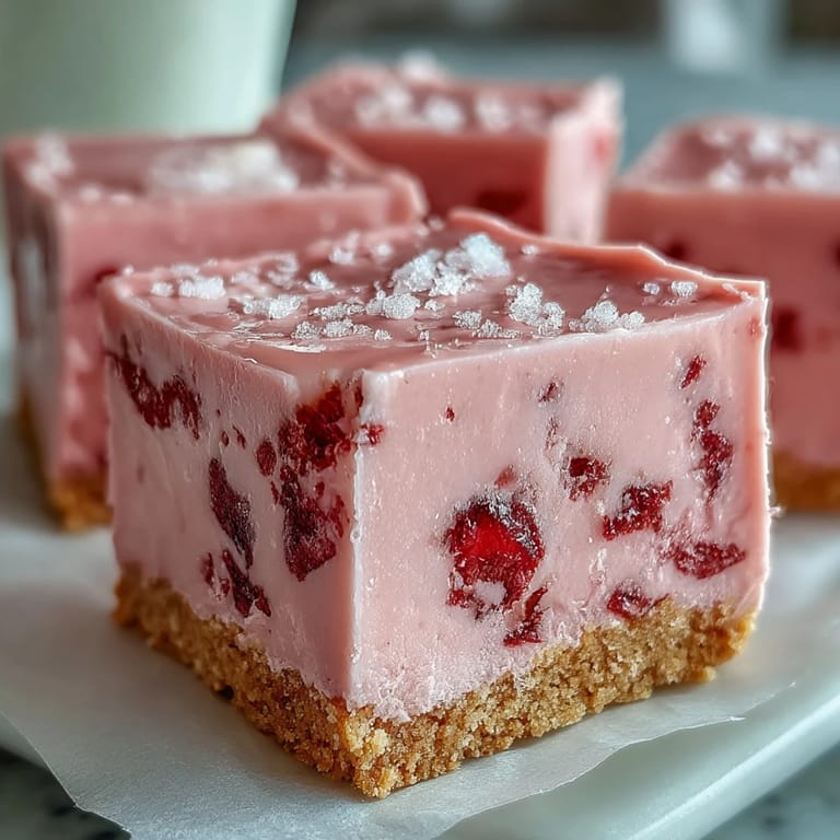 Easy homemade No-Bake Strawberry Fudge Squares cut into neat squares, topped with freeze-dried strawberry pieces.