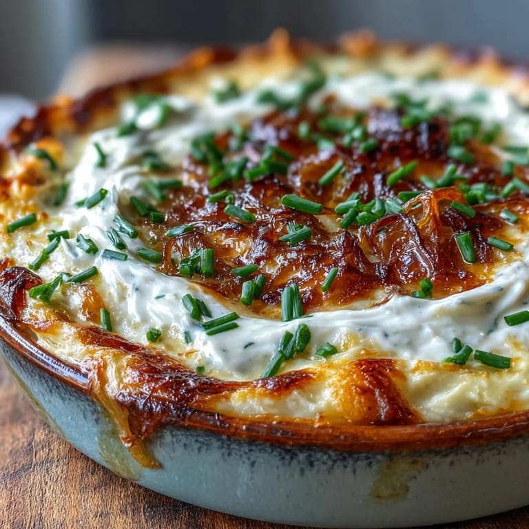 Creamy Smoked Gouda & Onion Dip topped with caramelized onions, ready for dipping with crunchy chips or veggies.
