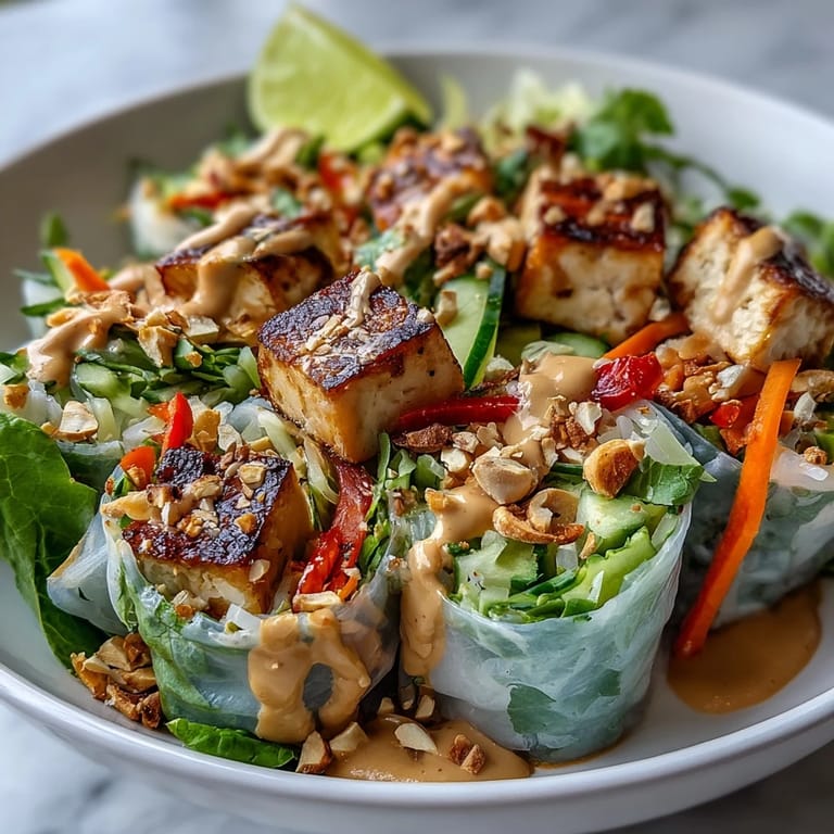 Deconstructed Rice Paper Roll Bowl featuring silky rice paper shards, crisp veggies, fresh herbs, and a drizzle of peanut-lime dressing, served over rice noodles.