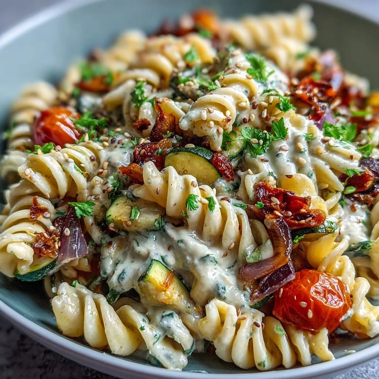 This vibrant Chickpea Pasta Bowl features caramelized vegetables, a drizzle of garlicky tahini sauce, and a final dusting of toasted sesame seeds for a warm, satisfying meal.