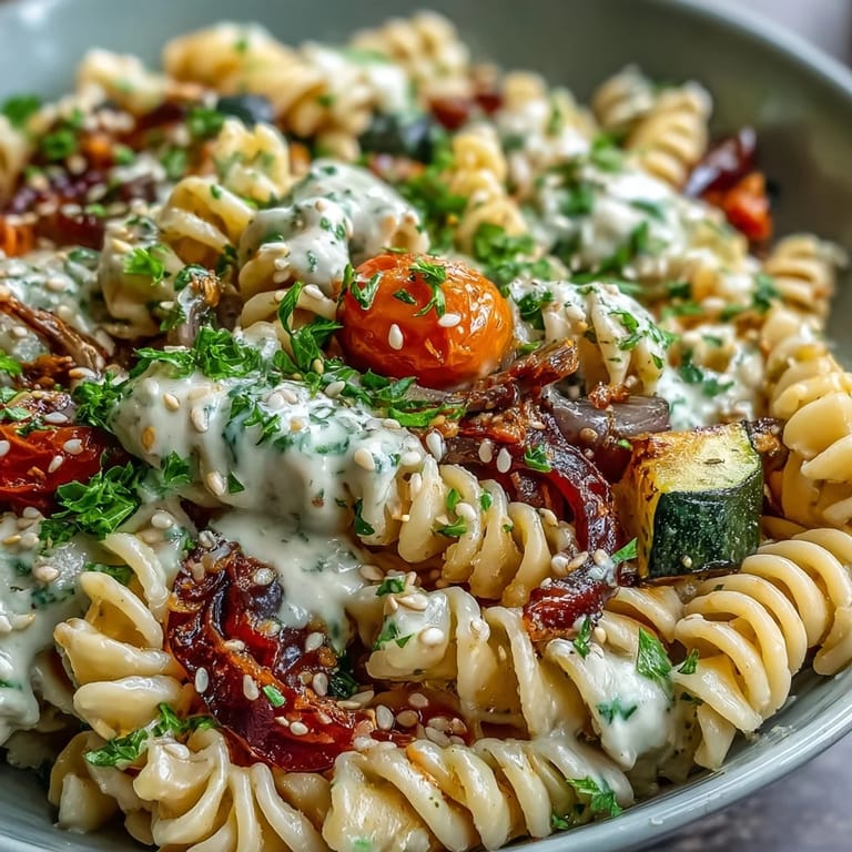 Serve this wholesome Chickpea Pasta Bowl family-style, showcasing golden roasted cherry tomatoes and zucchini tossed with chickpea pasta and a rich tahini dressing.