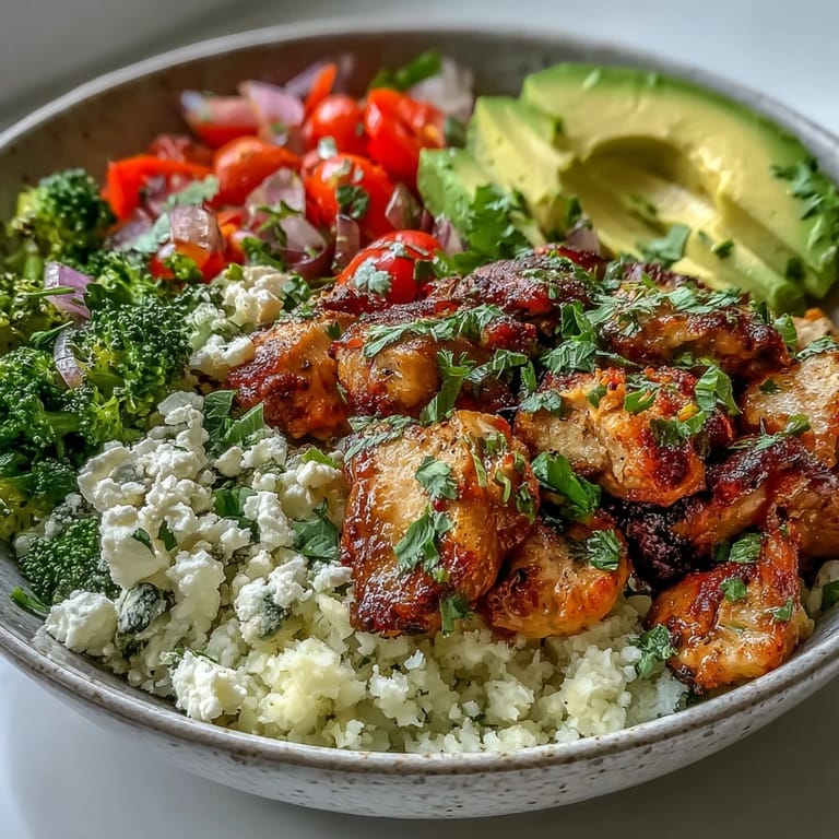 Cauliflower Rice Bowl garnished with herbs, cherry tomatoes, and creamy feta, served in a white ceramic bowl.
