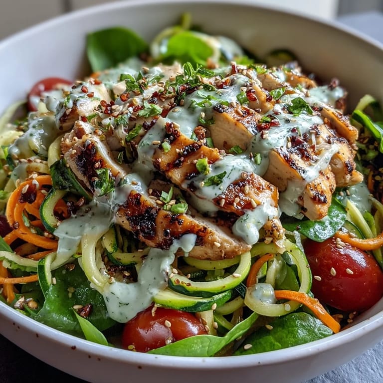 Spiralized Vegetable Bowl served in a white ceramic bowl, featuring sweet potato noodles and grilled chicken slices, ready for a healthy gluten-free family dinner.