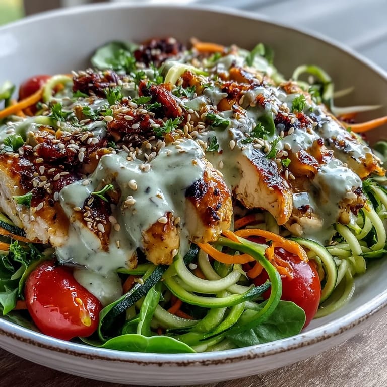 Fork-tender spiralized vegetable noodles tossed in a lemony tahini dressing, garnished with toasted sesame seeds and fresh parsley for a nourishing weeknight main dish.
