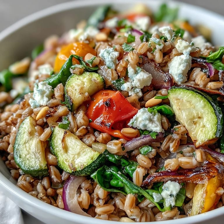 Steaming Farro Pasta Bowl topped with toasted pine nuts and fresh parsley, showcasing the hearty vegetarian main dish.