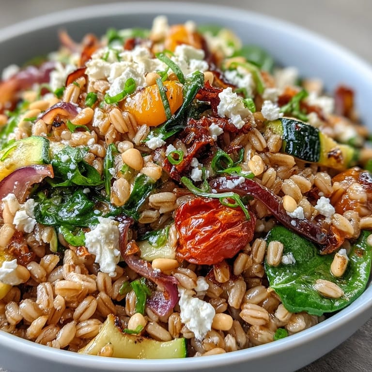 A serving of Farro Pasta Bowl on a rustic table, tossed with zesty olive oil dressing and sautéed vegetables.
