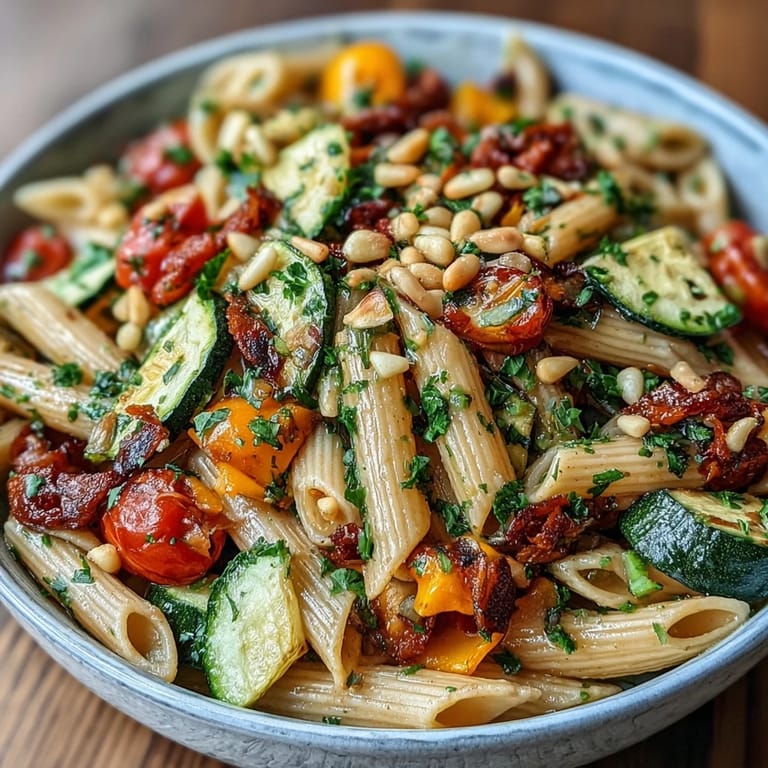 Close-up of a Whole Wheat Pasta Bowl featuring fork-twirled penne, caramelized veggies, and a luscious, protein-rich sauce.
