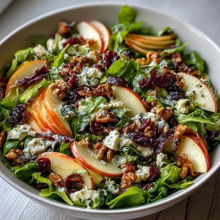 A close-up of a vibrant Mixed Greens and Apple Bowl with tangy cider vinaigrette and dried cranberries tossed on a white plate.