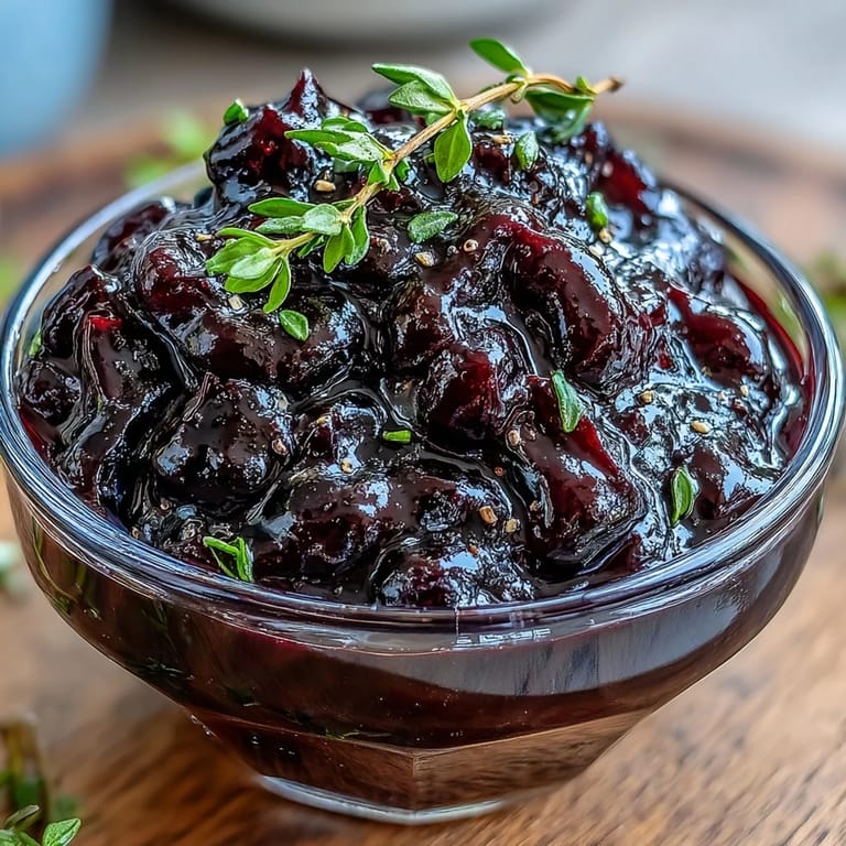 A small saucepan with simmering black currant glaze, a spoon lifting the thick, fruity sauce.  
