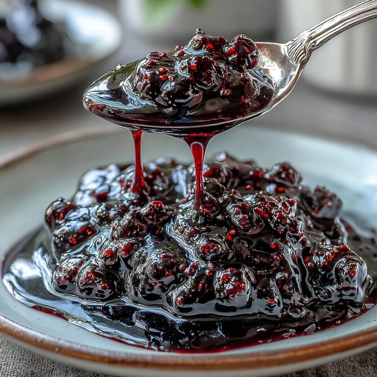 A stunning black currant sauce in a glass jar, garnished with fresh berries and mint, showcasing its glossy finish for a beautiful dessert presentation.