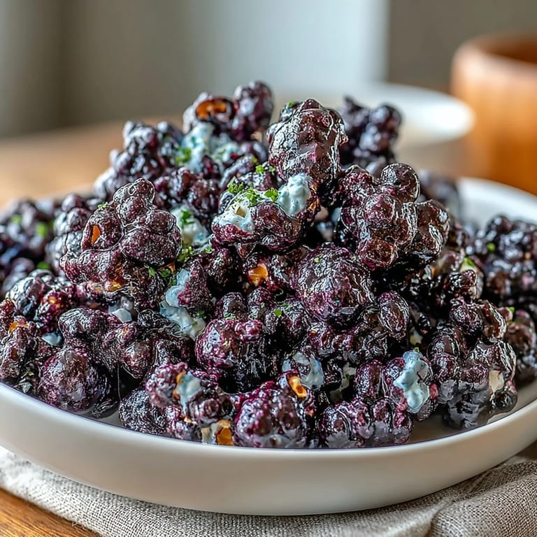 Sweet and tangy Black Currant Cheesecake Kettle Corn spilling from a bowl onto a dark wood table.