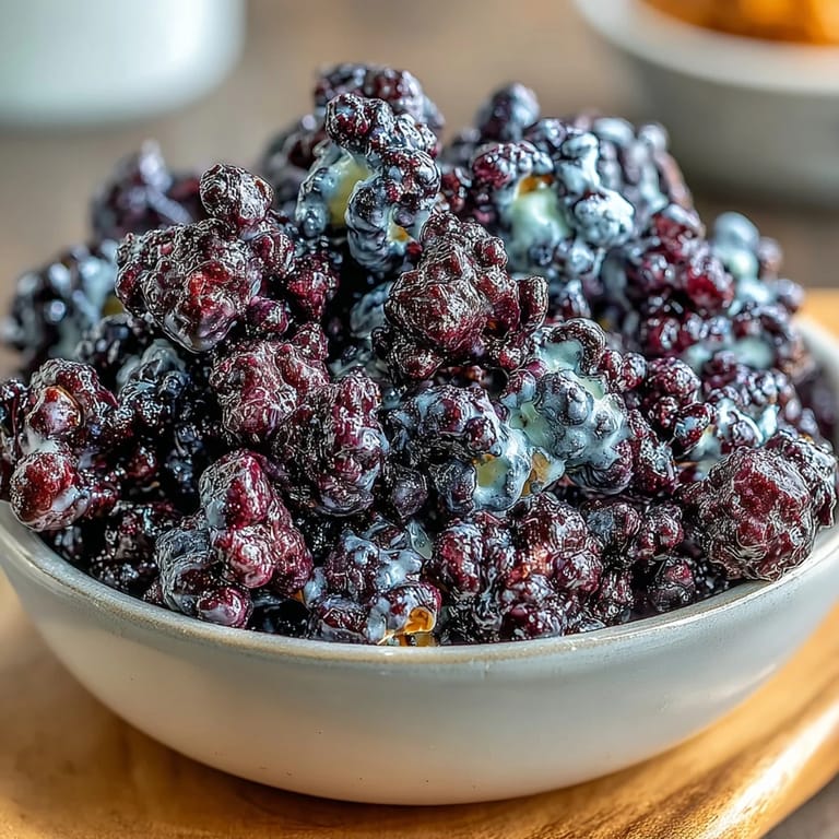 Warm gourmet popcorn tossed with tangy black currant powder and sweet cheesecake seasoning, served as a snack.