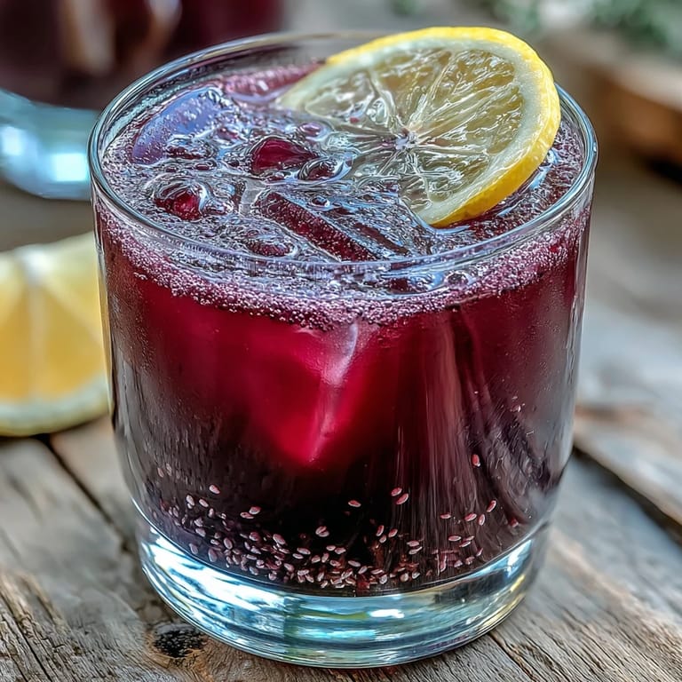 Close-up of Black Currant Shrub in a chilled glass with ice, garnished with fresh currants, highlighting its tangy-sweet aroma.