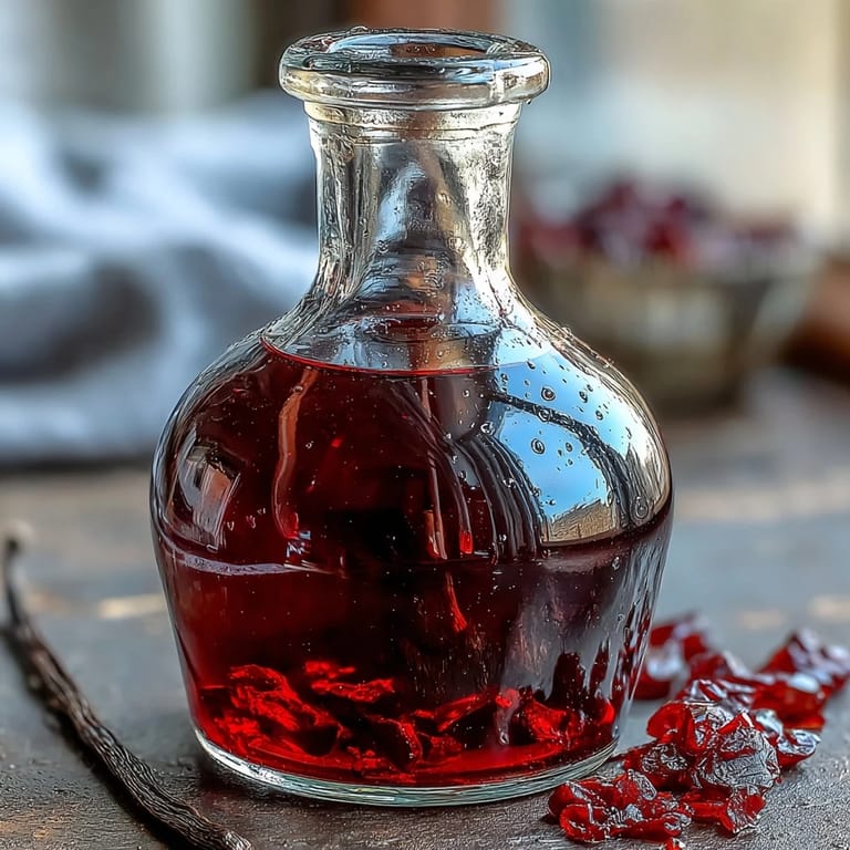 Homemade Crème de Cassis rests beside fresh blackcurrants and a vintage bottle, ideal for a classic Kir Royale cocktail.