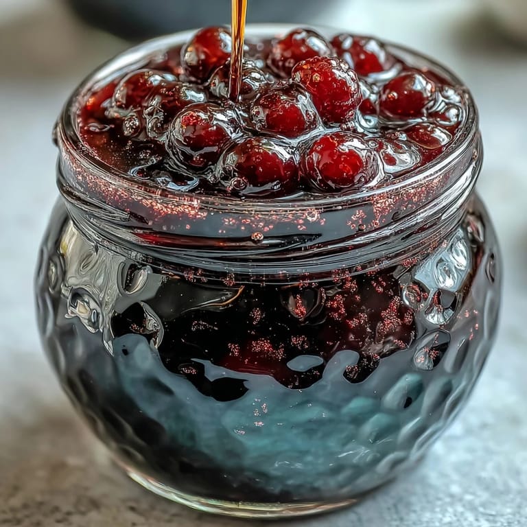 Homemade Easy Blackcurrant Liqueur chilling in a glass jar, showing the rich berry color and sediment from the rum infusion.