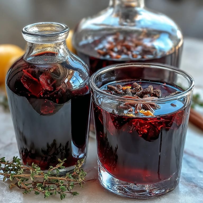 Homemade spiced blackcurrant vodka liqueur infused with cloves, star anise, and black pepper, perfect for sipping after dinner.