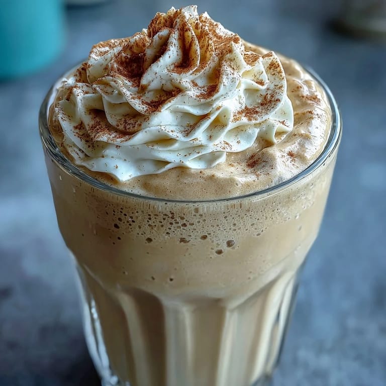 Vanilla bean frappuccino protein shake with whipped cream and cinnamon in a clear tall glass.