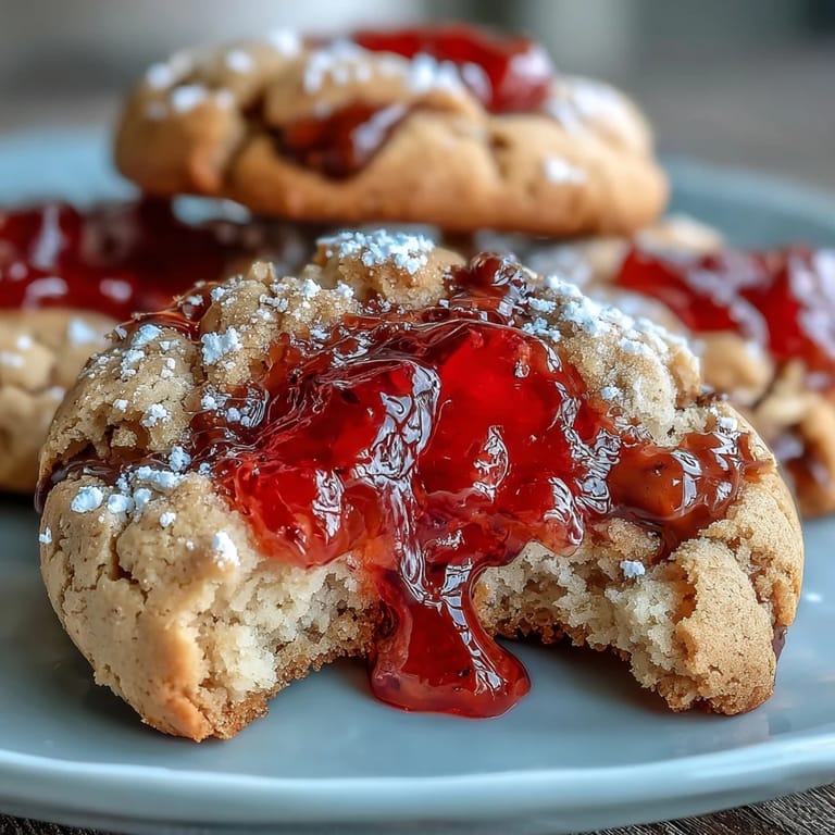Buttery thumbprint cookies filled with bright, glossy strawberry jam, offering a delightful balance of sweet fruit and rich, crumbly texture.