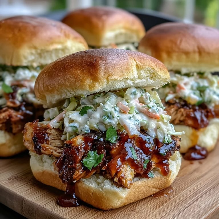 Juicy shredded BBQ chicken piled high on soft slider buns, topped with crisp, colorful coleslaw for a festive bite.  