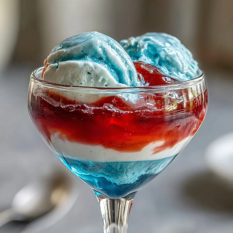 Clear cups showcase colorful Jello layers in red, white, and blue, topped with whipped cream and fresh berries for a fun dessert.  