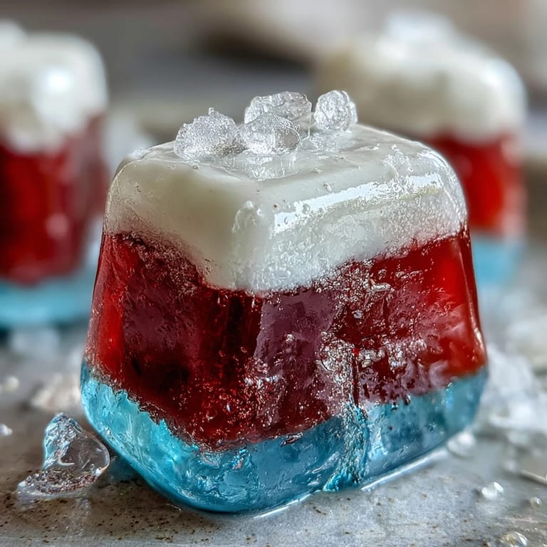 Chilled red, white, and blue Jello cups feature distinct stripes, making them an eye-catching treat for Fourth of July or Memorial Day gatherings.