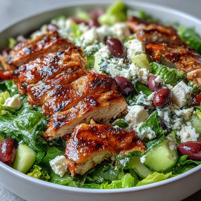 Hearty Greek salad bowl featuring succulent grilled chicken, crunchy lettuce, and a zesty olive oil dressing for a healthy meal.