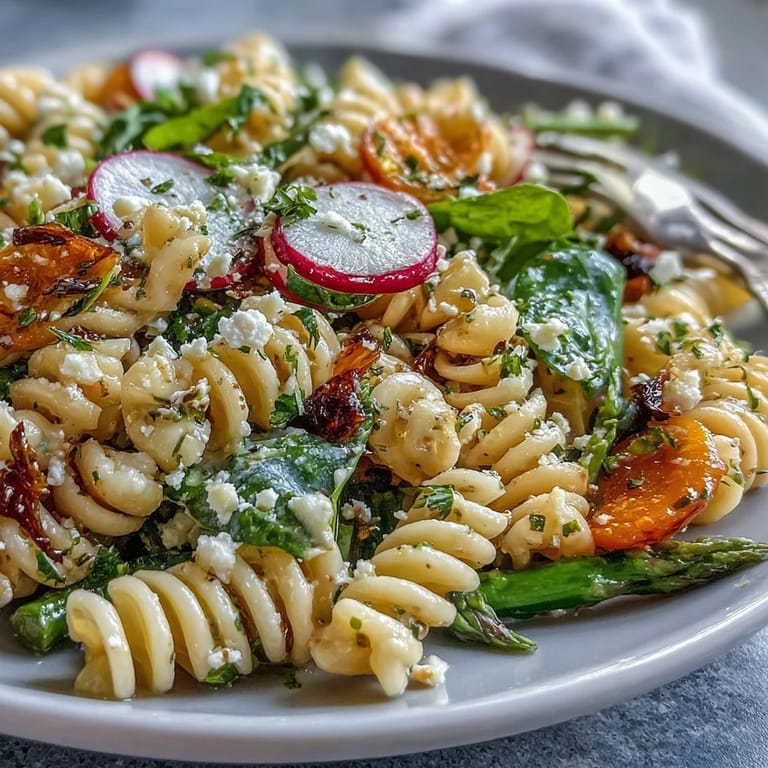 Bright and zesty spring pasta salad with lemon vinaigrette, featuring radishes, asparagus, and baby spinach for a refreshing dish.