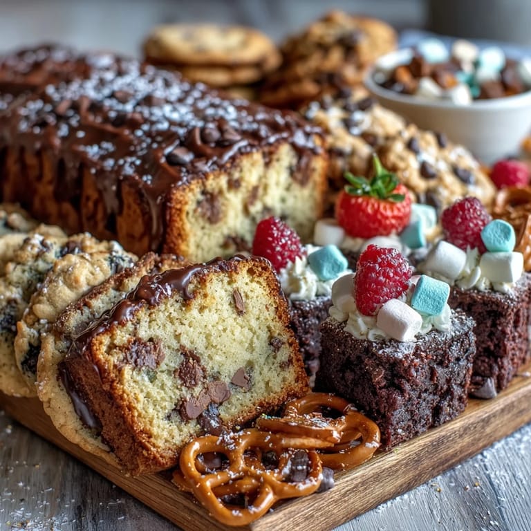 Vibrant assortment of pound cake, chocolate chip cookies, and brownie squares, garnished with fresh berries and sprinkles.