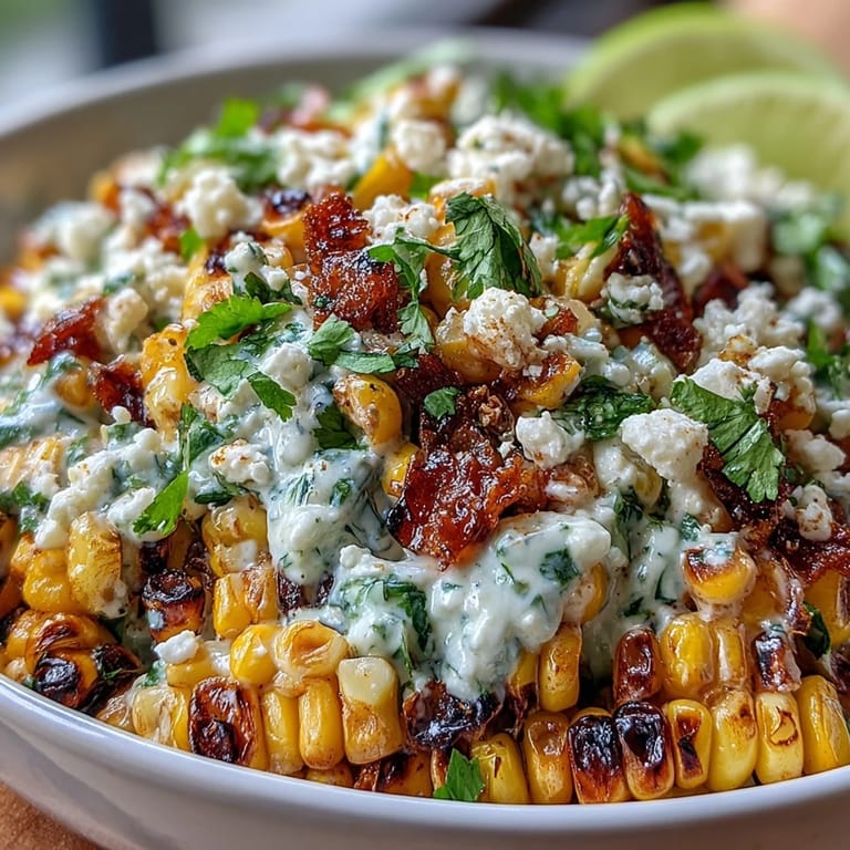 A colorful Mexican Street Corn Salad featuring smoky charred corn, tangy lime dressing, and crumbled Cotija cheese, served as a perfect barbecue side.