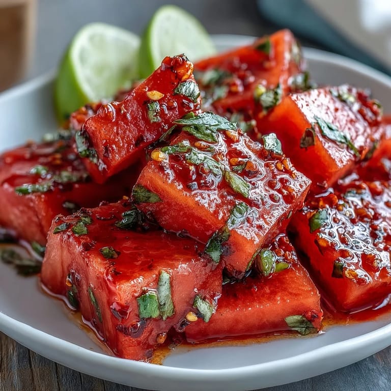 Juicy watermelon wedges sprinkled with Tajin and fresh lime juice, offering a refreshing and spicy treat.