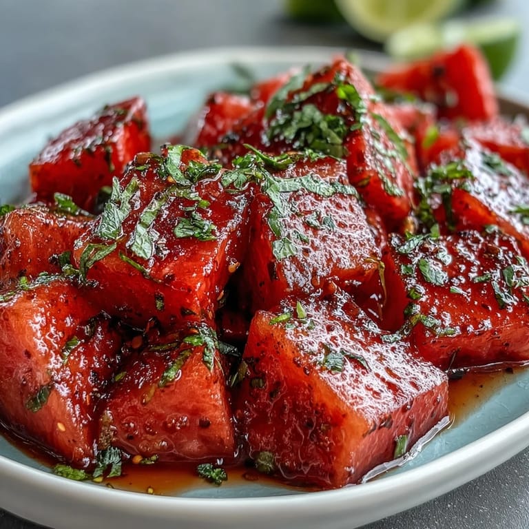 Sweet watermelon slices paired with zesty Tajin and tangy lime, creating a vibrant and flavorful snack.