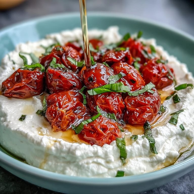 Tangy feta dip blended smooth and crowned with blistered tomatoes, perfect for gluten-free crackers or veggies.