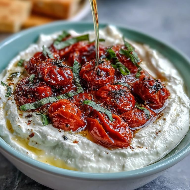 Creamy whipped feta topped with sweet, caramelized cherry tomatoes, served with warm pita bread.  