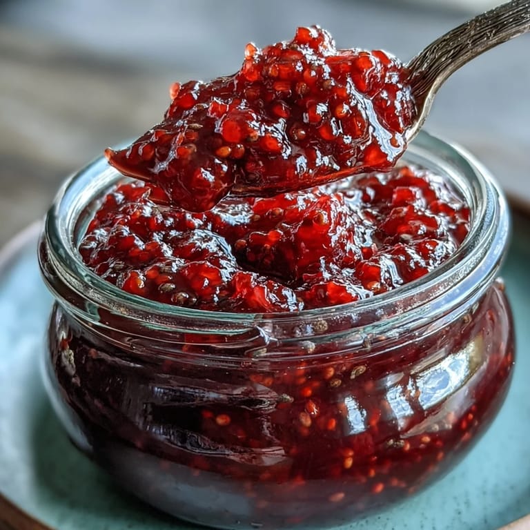 Vibrant homemade raspberry lemon chia jam bursting with fresh berry flavor, sweetened naturally and perfect for topping pancakes or oatmeal bowls.
