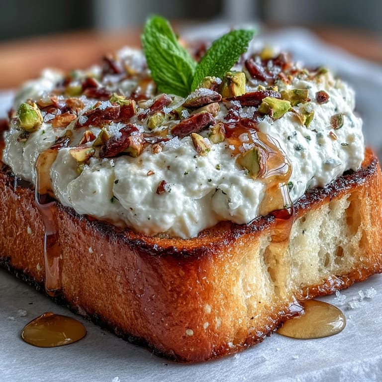 Buttery sourdough toast layered with fluffy whipped ricotta, sweet honey drizzle, and nutty pistachios, garnished with lemon zest for brightness.