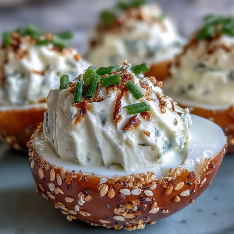 Classic deviled eggs transformed with rich cream cheese filling and crunchy everything bagel topping.