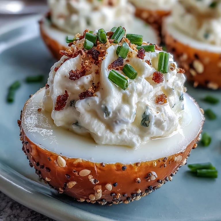 Everything bagel deviled eggs topped with savory seasoning and fresh chives, perfect for party platters.  