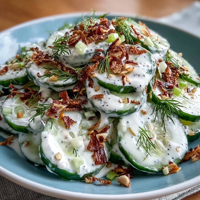 Cool cucumbers tossed in creamy everything bagel dressing, bright with lemon and garlic, topped with fresh dill.