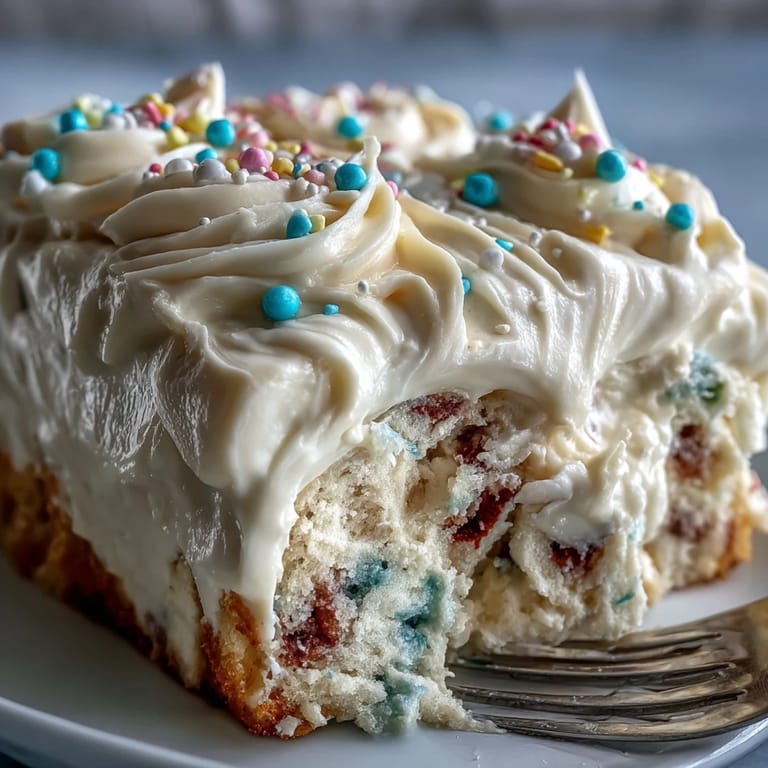 Festive Funfetti Dip Cake featuring fluffy funfetti layers and creamy frosting, decorated with colorful sprinkles for a joyful dessert.