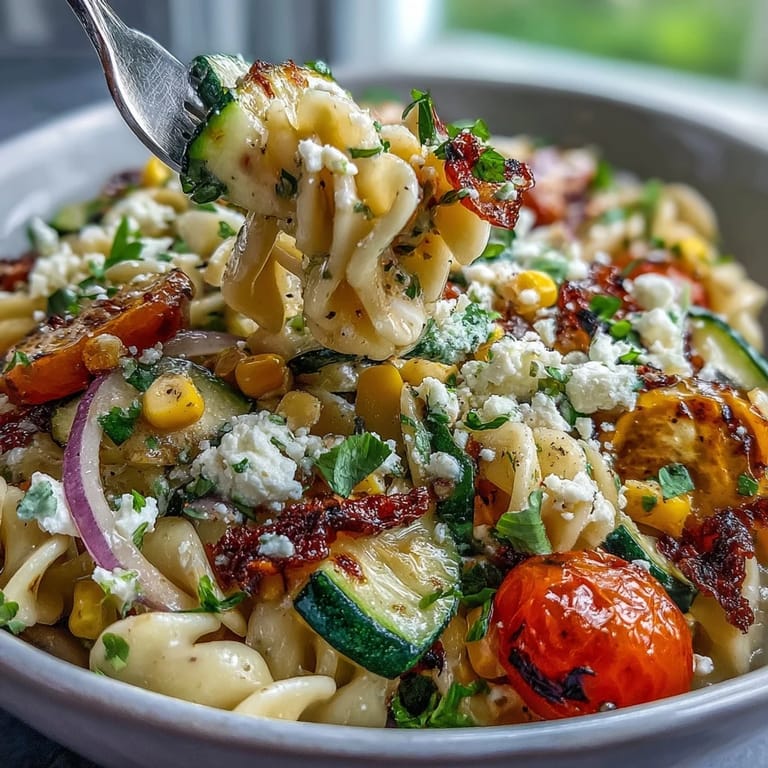 Colorful Mexican-inspired pasta salad featuring charred zucchini, fresh corn, cherry tomatoes, and crumbled Cotija, perfect for warm-weather meals.