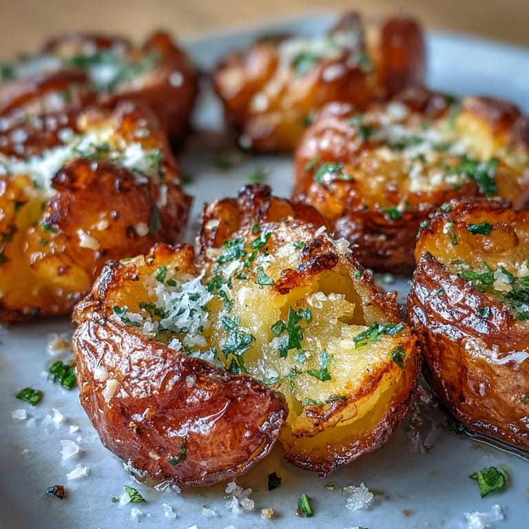 Aromatic roasted baby potatoes, smashed and seasoned, offering a satisfying crunch in every bite.  