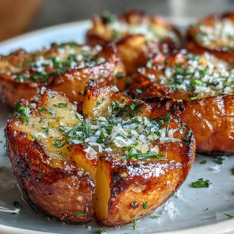 Tender boiled potatoes, flattened and oven-roasted until irresistibly crispy, garnished with parsley.