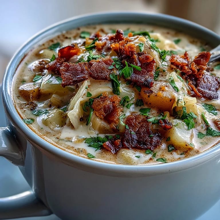 Warm bowl of Cabbage Corn Chowder featuring crisp bacon, shredded cabbage, and golden potatoes, perfect for a comforting meal.  