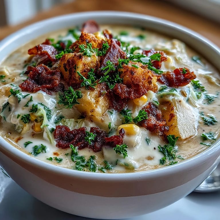 Creamy Cabbage Corn Chowder loaded with fresh vegetables, smoky bacon, and sweet corn kernels, served steaming hot in a rustic bowl.