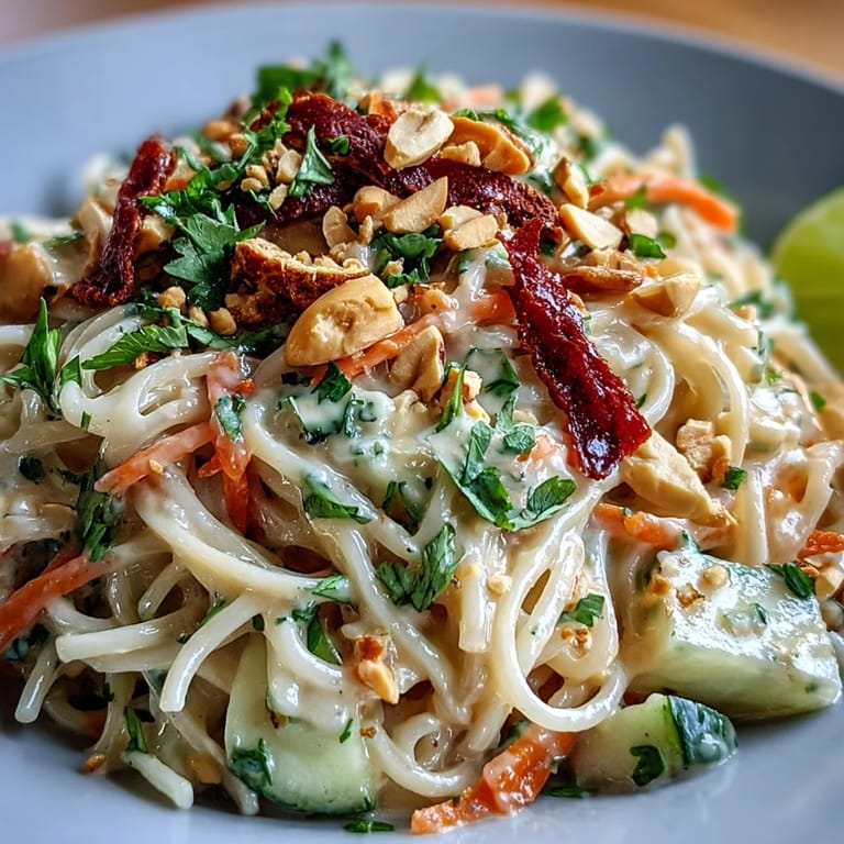 Creamy peanut-lime sauce coats rice noodles, fresh herbs, and colorful vegetables for a refreshing dish.  