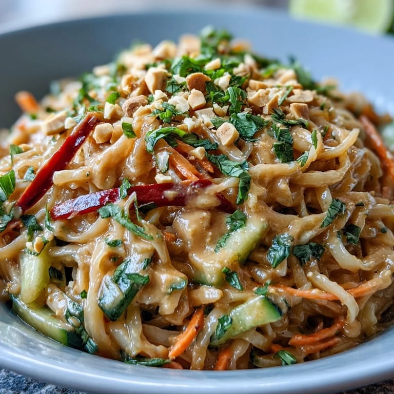 Thai-inspired peanut noodle salad topped with chopped peanuts and cilantro, served chilled as a light meal.