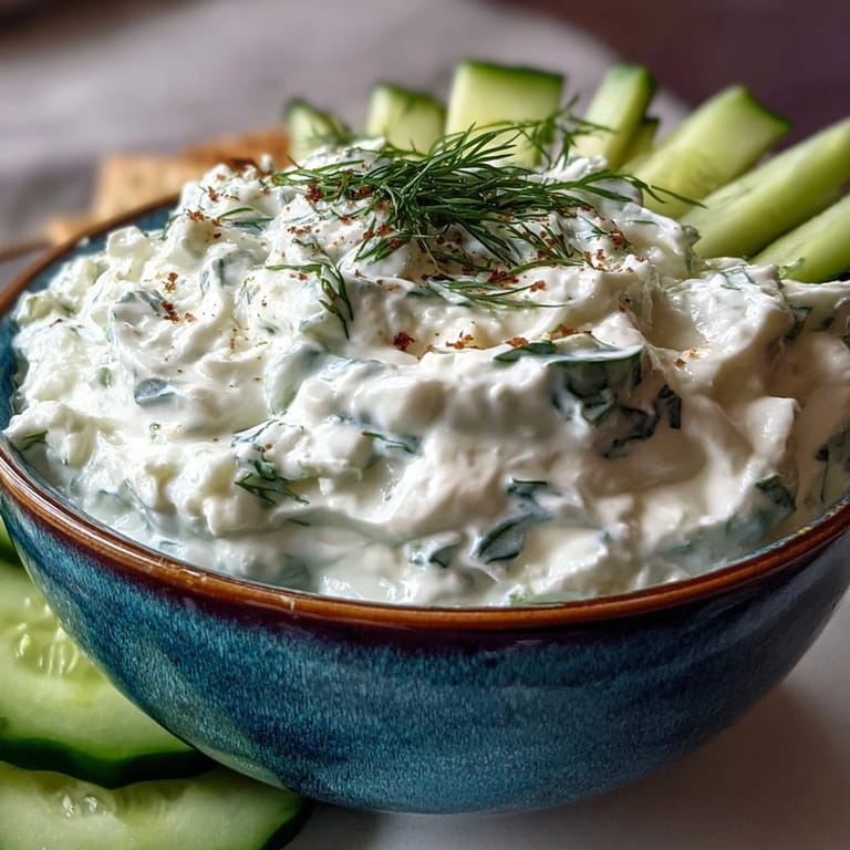 Delicious Skyr Tzatziki Dip, a cool, dill-infused spread with grated cucumber for appetizers.