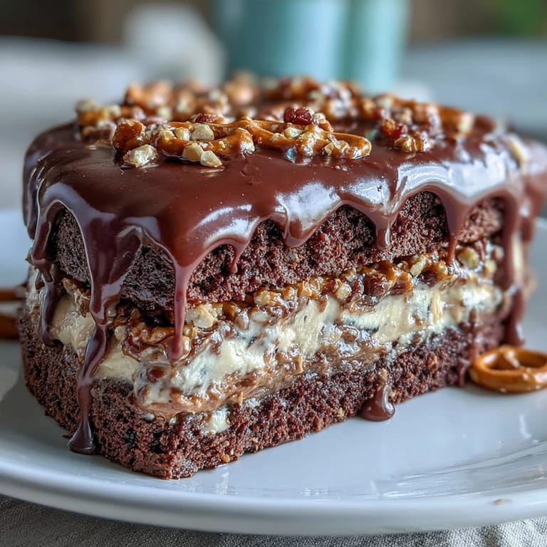 Moist layers of chocolate peanut butter pretzel cake perfect for any celebration.
