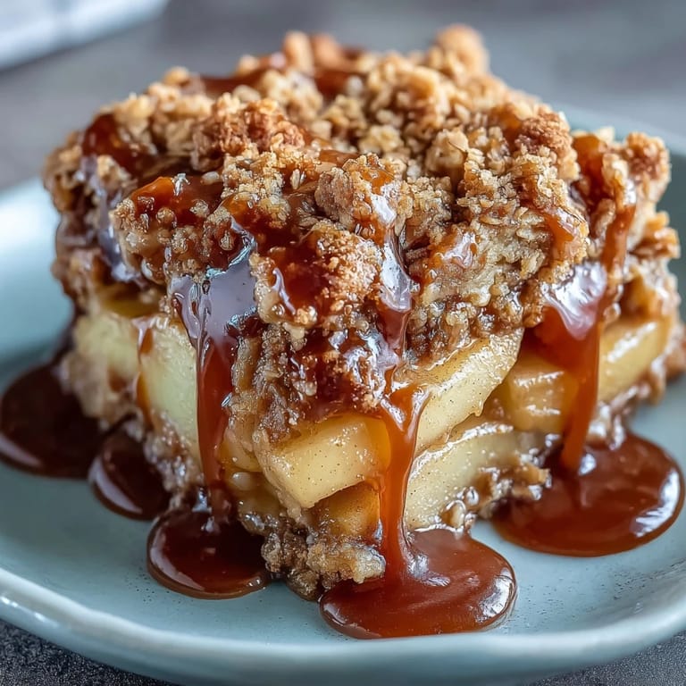 Beautifully baked Father's Day Whiskey Caramel Apple Crisp, ready to be served warm.
